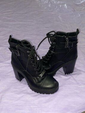 Guess Black Lace-Up Chunky Heel Ankle Boots
